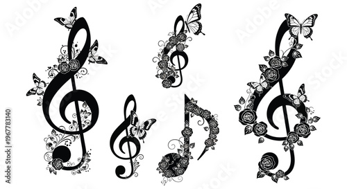 Elegant musical notes adorned with roses and butterflies create a decorative design presented in silhouette high quality professional detailed modern elegant