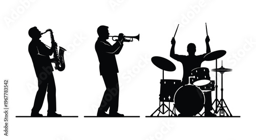 A striking black silhouette depicts a jazz trio performing with saxophone trumpet and drums capturing musical energy high quality professional detailed