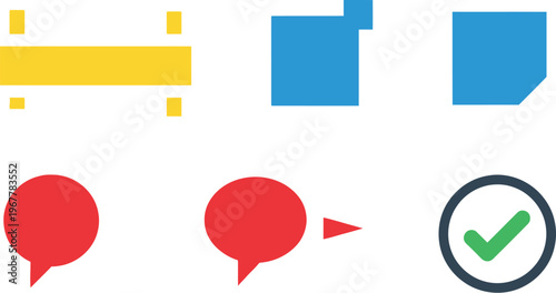 Six distinct flat design icons featuring various geometric shapes, speech bubbles, and a checkmark, presented on a clean white background, suitable for diverse digital applications.