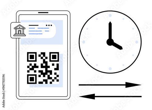 Mobile banking, time tracking, online payments, QR code technology, financial management, and digital transactions. Smartphone screen displays QR code and banking app icons next to a clock. Mobile