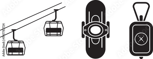 Set of Cable Car Icons Featuring Ski Resort Gondolas and Industrial Overhead Transport Systems