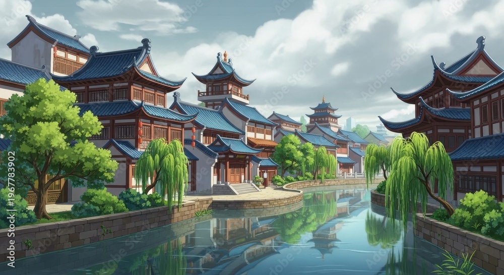 Naklejka premium Traditional oriental architecture featuring an ancient Chinese pavilion with a decorative roof stands by a serene lake in a lush park under a clear sky