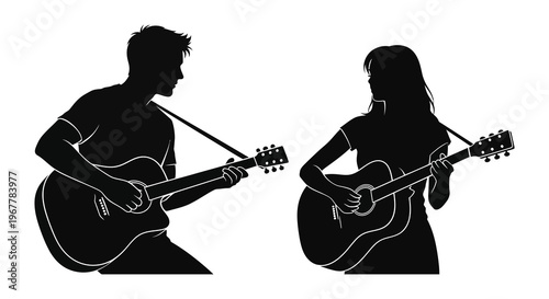 A couple plays guitar facing each other captured in a striking black and white illustration silhouette high quality professional detailed modern