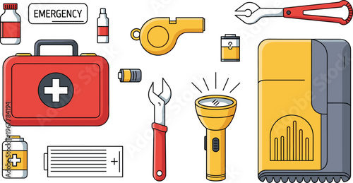 Emergency kit vector set with first aid box flashlight whistle tools and safety equipment illustration isolated on white background
