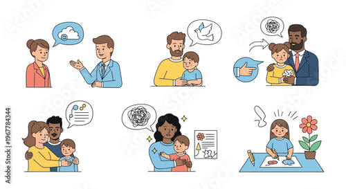 Illustrations depicting diverse scenes of emotional support therapy and family connection featuring a clean silhouette high quality professional detailed modern elegant