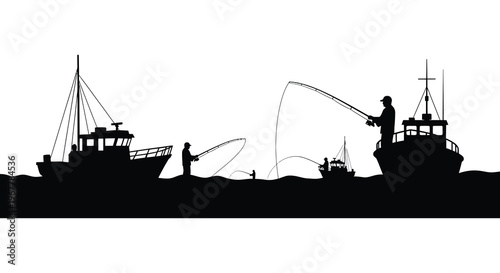 A serene coastal scene depicts fishing boats and figures casting lines all rendered as a striking silhouette high quality professional detailed