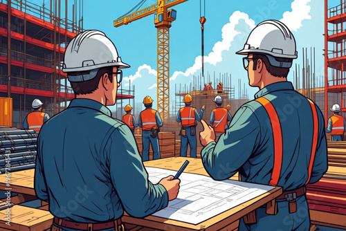 Construction team reviewing blueprints in a planning meeting
