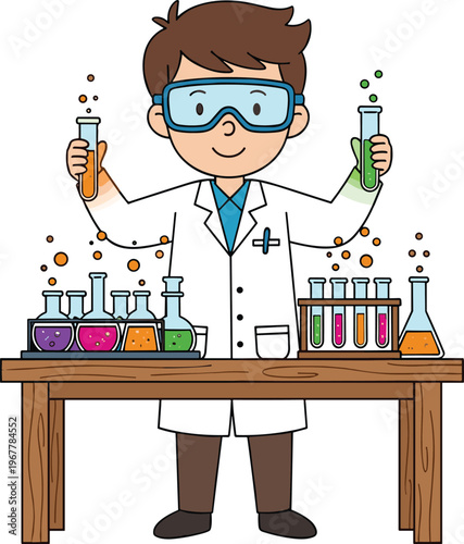 Cute cartoon scientist kid conducting chemistry experiment with colorful test tubes and flasks in laboratory, educational science illustration isolated on white background