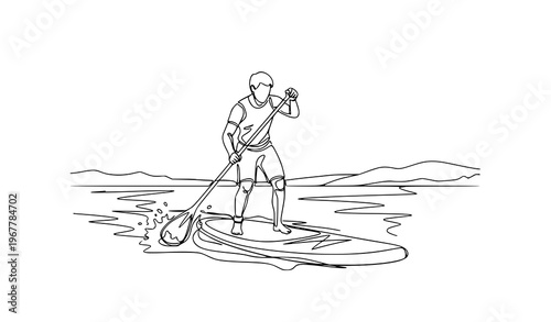Continuous line SUP paddle board man rowing water sport vector illustration isolated on white background