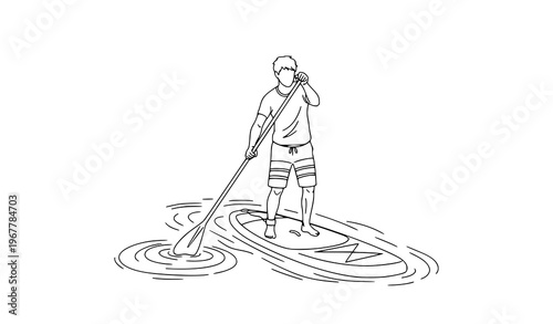 Young man SUP paddle board water sport sketch line art vector illustration isolated on white background