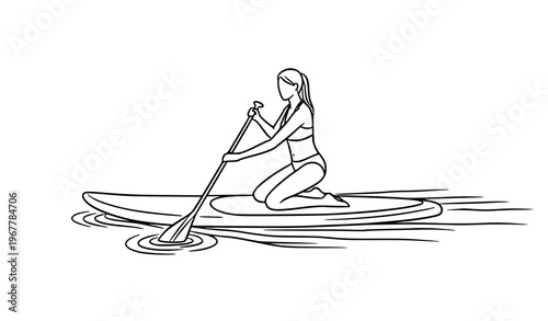 Girl kneeling on SUP board paddling water sports minimal ink line art vector illustration isolated on white background
