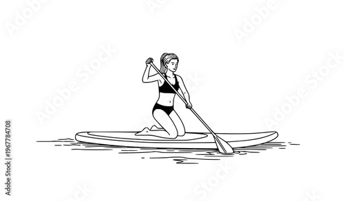 Hand drawn girl on SUP board kneeling paddling water sports ink line art vector illustration isolated on white background