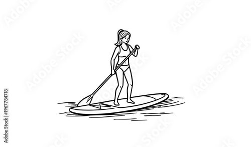 Hand drawn girl paddling SUP board water sports navy ink doodle line art vector illustration isolated on white background