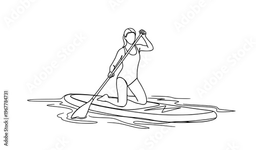 Continuous line girl SUP paddle board kneeling water sport ink sketch vector illustration isolated on white background