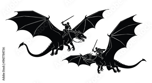 A dramatic depiction of two knights riding dragons in flight showcasing a striking black silhouette high quality professional detailed modern elegant