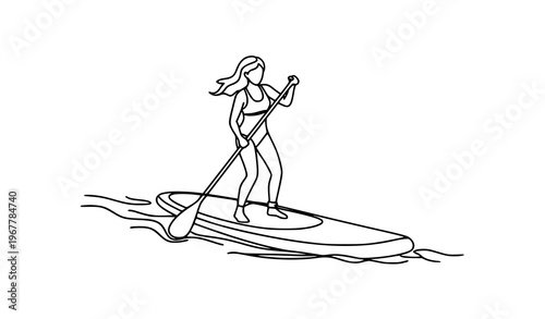 Continuous line girl paddling SUP board summer water sport navy ink doodle vector illustration isolated on white background