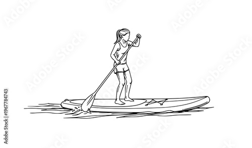 Girl SUP paddle board water sports doodle line art navy ink illustration isolated on white background