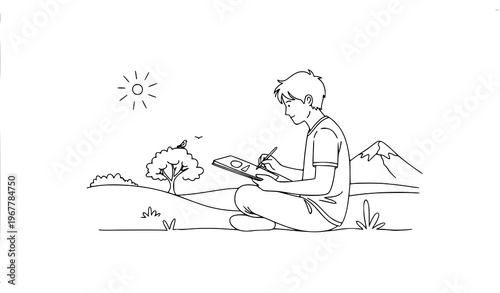 Young artist sketching outdoors nature line art vector illustration isolated on white background