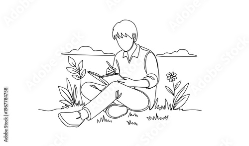 Continuous line young artist sketching outdoors creative nature concept vector illustration isolated on white background