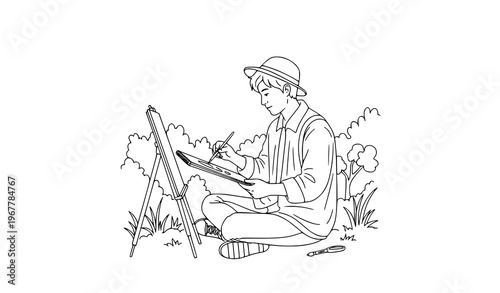 Young artist sketching outdoors nature inspiration vector illustration isolated on white background