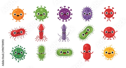A colorful collection of cartoon viruses and bacteria with cheerful faces presented on a white background silhouette high quality professional detailed