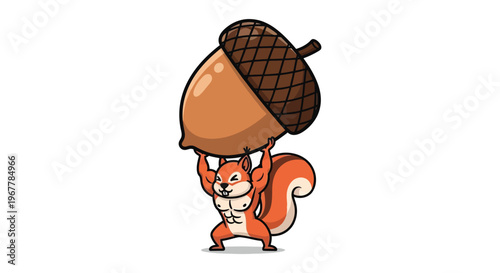 A muscular squirrel struggles to lift a giant acorn above its head in a playful cartoon silhouette high quality professional detailed