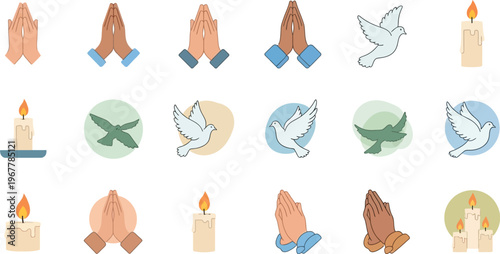 Collection of flat design illustrations showing various religious and spiritual symbols including praying hands, white doves, and lit candles against a clean white background.