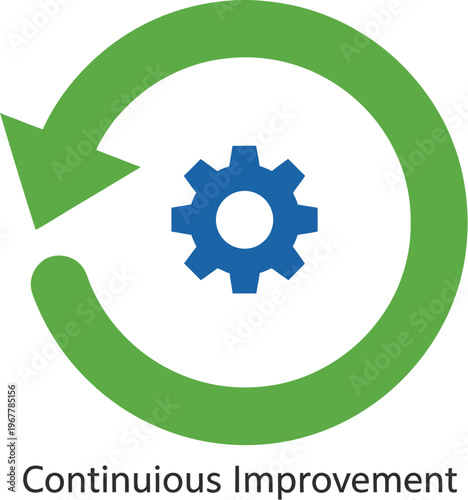 A prominent green circular arrow symbol enclosing a blue gear icon visually represents the concept of continuous improvement and ongoing process optimization within business and technology frameworks.