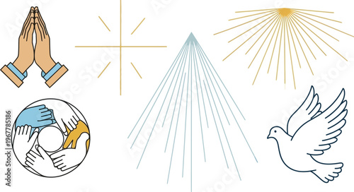 Various spiritual and religious symbols are depicted together on a clean white background, representing concepts like peace, prayer, unity, and divine light.