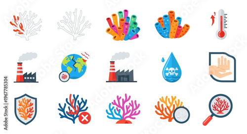 Coral Reef Conservation Icons: Bleaching, Pollution, Climate Change & Protection