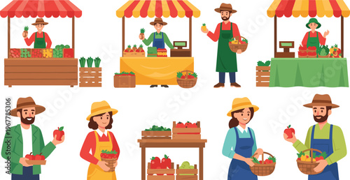 Farmers market vector set with vendors selling fresh fruits vegetables stalls and organic produce illustration isolated on white background