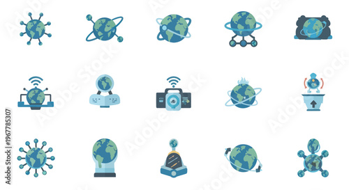 Global Network Technology Icons: Earth Connection, Internet, Communication, Technology, Digital World
