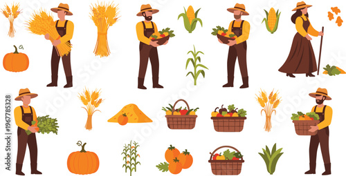 Harvest farmer vector set with wheat pumpkin corn vegetables and autumn agriculture activities illustration isolated on white background