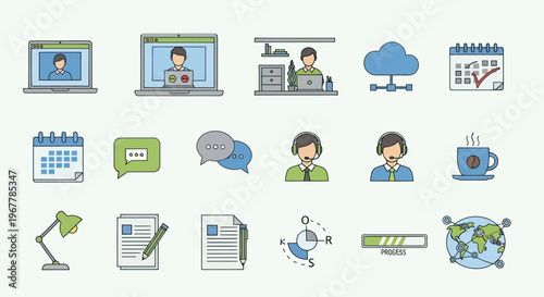 Remote Work And Online Communication Icons Set: Laptop, Video Call, Cloud, Calendar, Chat, Coffee