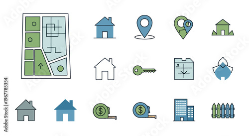 Real Estate Icons: Houses, Maps, Keys, Measuring Tape, Building, Fence
