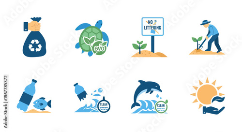 Eco Icons: Recycling, Sea Turtle, Planting, Pollution, Dolphin, Sun