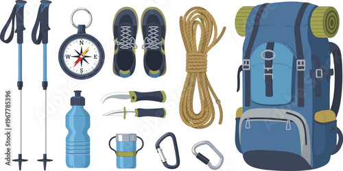 Hiking gear vector set with backpack trekking poles rope compass shoes and outdoor equipment illustration isolated on white background
