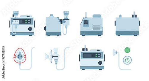 Medical Nebulizer Machine Icons Set - Asthma Inhaler Equipment Collection
