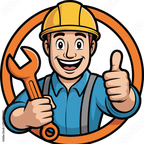Cartoon handyman or construction worker character wearing yellow hard hat and blue uniform holding large wrench giving thumbs up isolated on white background