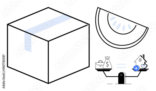 Packaging concept. Packaging illustrated with minimalistic elements including fruit, balance scales, and objects priorities. Packaging for supply chain, shipping, sustainability, e-commerce, consumer