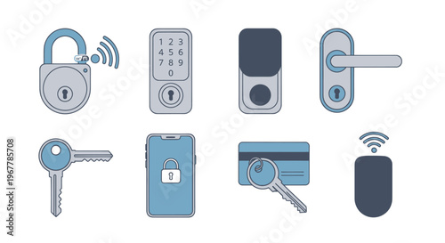 Smart Home Security Icons: Padlock, Keypad, Door Lock, Handle, Key, Phone, Card