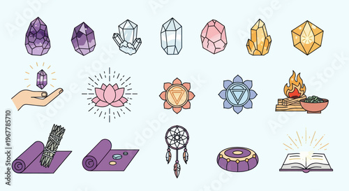Healing Crystals, Yoga, Chakras, Dreamcatcher, Smudge Stick, Lotus & Open Book Icons Set
