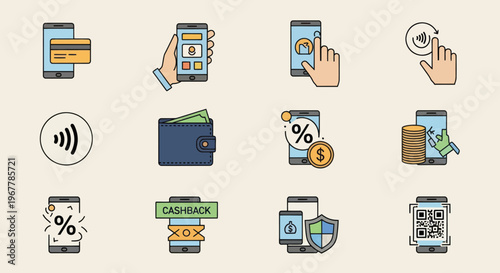 Mobile Payment Icons: Credit Card, Wallet, QR Code, Cashback, NFC, Security