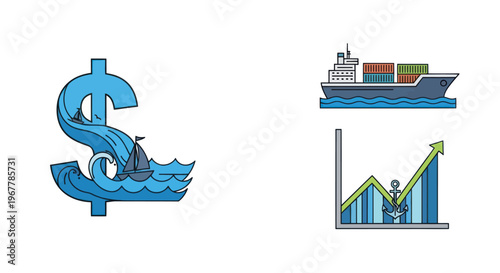 Shipping industry finance and growth concept: dollar sign, cargo ship, growth chart, anchor