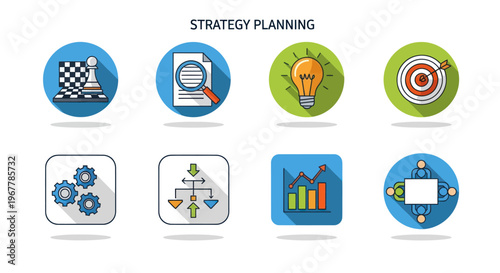 Business Strategy Planning Icons Set: Chess, Research, Idea, Target, Gears, Flowchart, Growth, Meeting