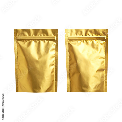 Gold aluminum stand up pouch bags for packaging product mockups on a black backdrop perfect for showcasing designs with a premium appearance