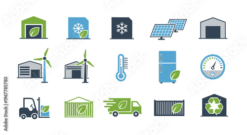 Eco-Friendly Logistics and Green Energy Icons: Warehouse, Solar, Wind, Truck, Fridge