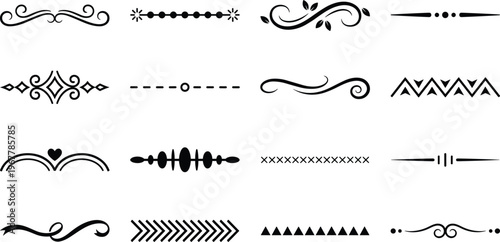 Set of 16 decorative divider ornaments with elegant borders, separators and flourishes for invitations, certificates, menus, editorial layouts, stationery and refined vintage designs