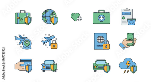 Set of Icons: Travel, Health, Car, and Financial Insurance Protection