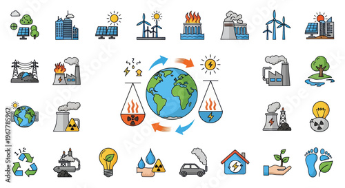 Ecology & Energy Icons: Renewable vs Fossil Fuels, Earth Balance, Green Future